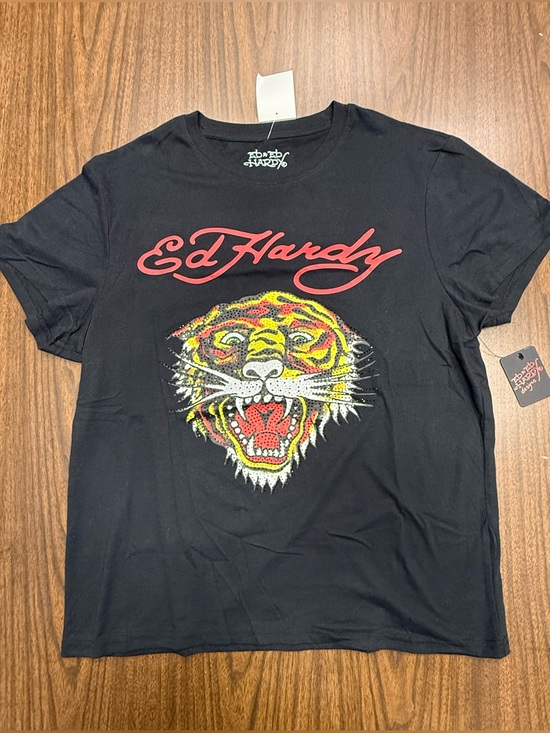 Ed Hardy Other - Ed Hardy Black Tee with Red Script Rhinestones Tiger Graphic NWT Large 🐯